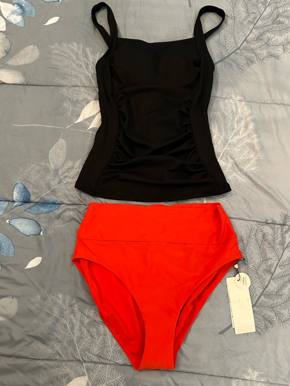 NWTS Black Tankini Top and Red High-Waist Bikini Bottoms - Women Swim Sz S